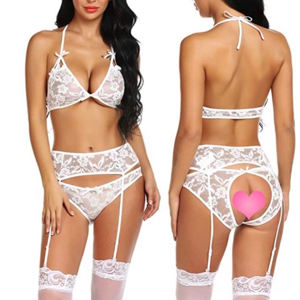 White Lace Lingerie XL 3 Piece Set Bar Garter Belt Panties Sexy